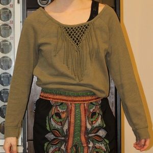 Forest Green Fringe Knot Off the Shoulder Pullover